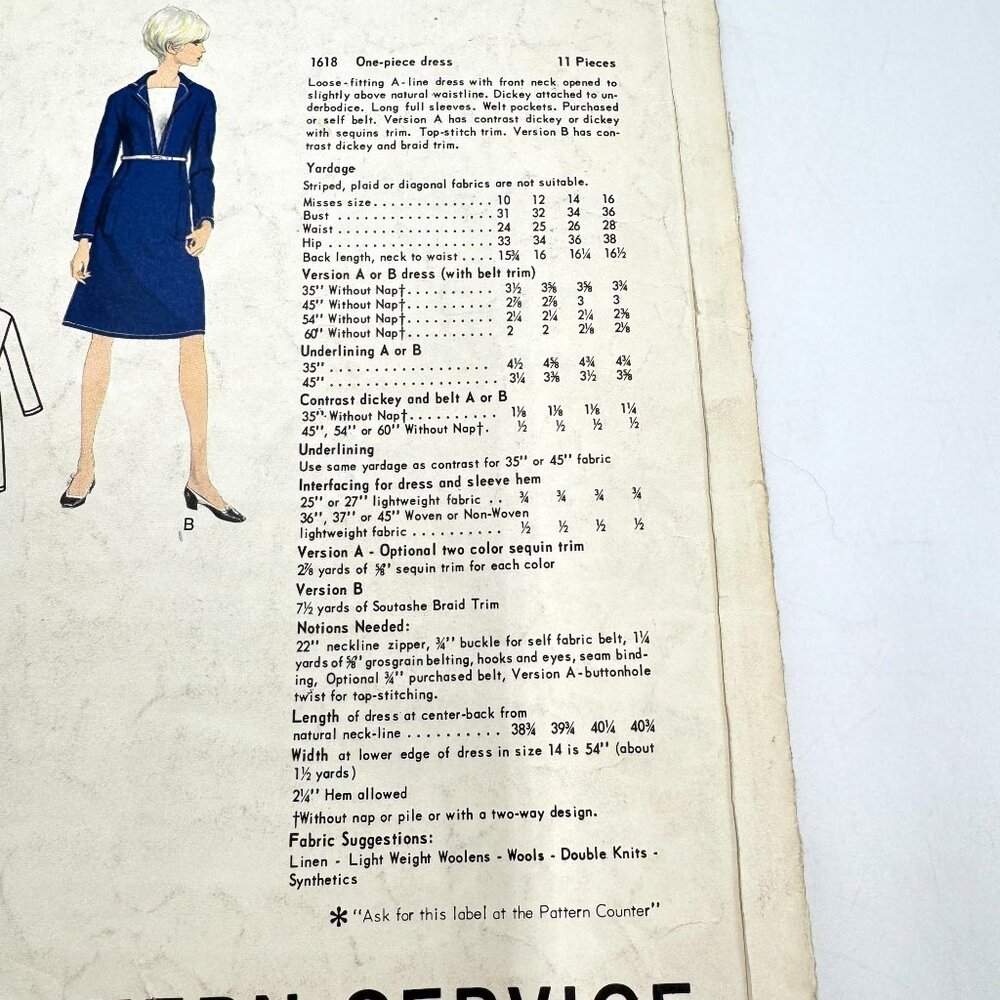 Vogue Paris Original w/Tag Sewing Pattern 1618 by Yves Saint Laurent Dress Sz 14 - Picture 5 of 7